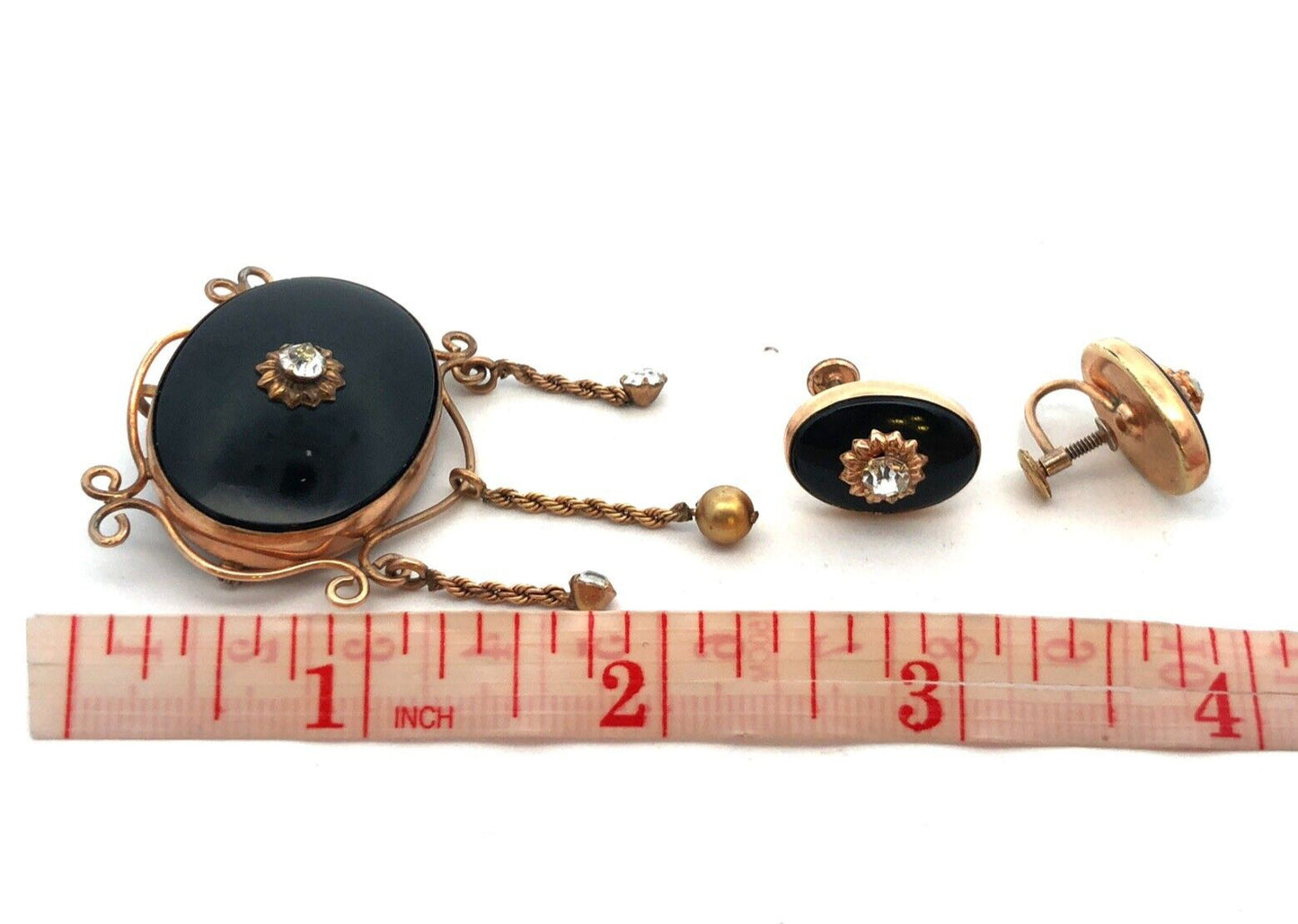 Antique Gold 12K Gold Filled Blace Onyx Rhinestone Brooch Earrings 3 Pc Set