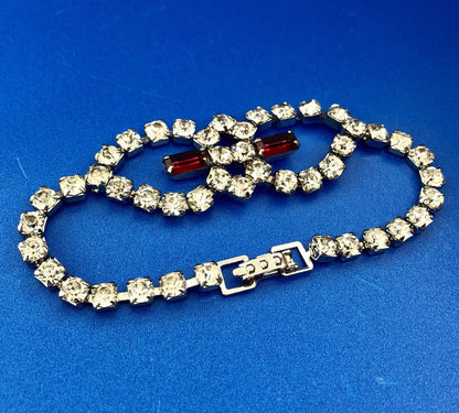 Vintage Silver Tone Rectangle Red Round White Rhinestone Valentine Bracelet