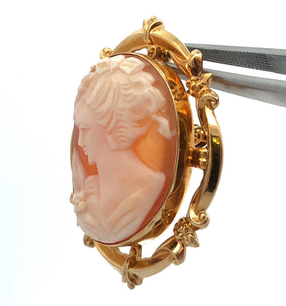 Designer 14K Yellow Gold Carved Cameo Pin Brooch Pendant