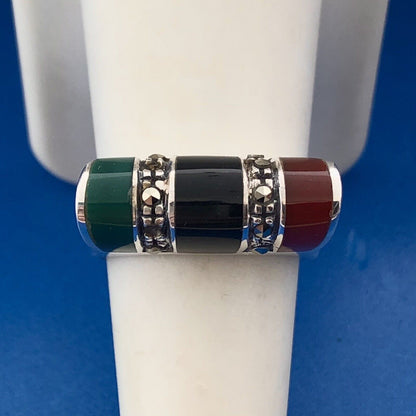 Retro Designer ND 925 Sterling Silver Green Black Onyx Carnelian Marcasite Ring