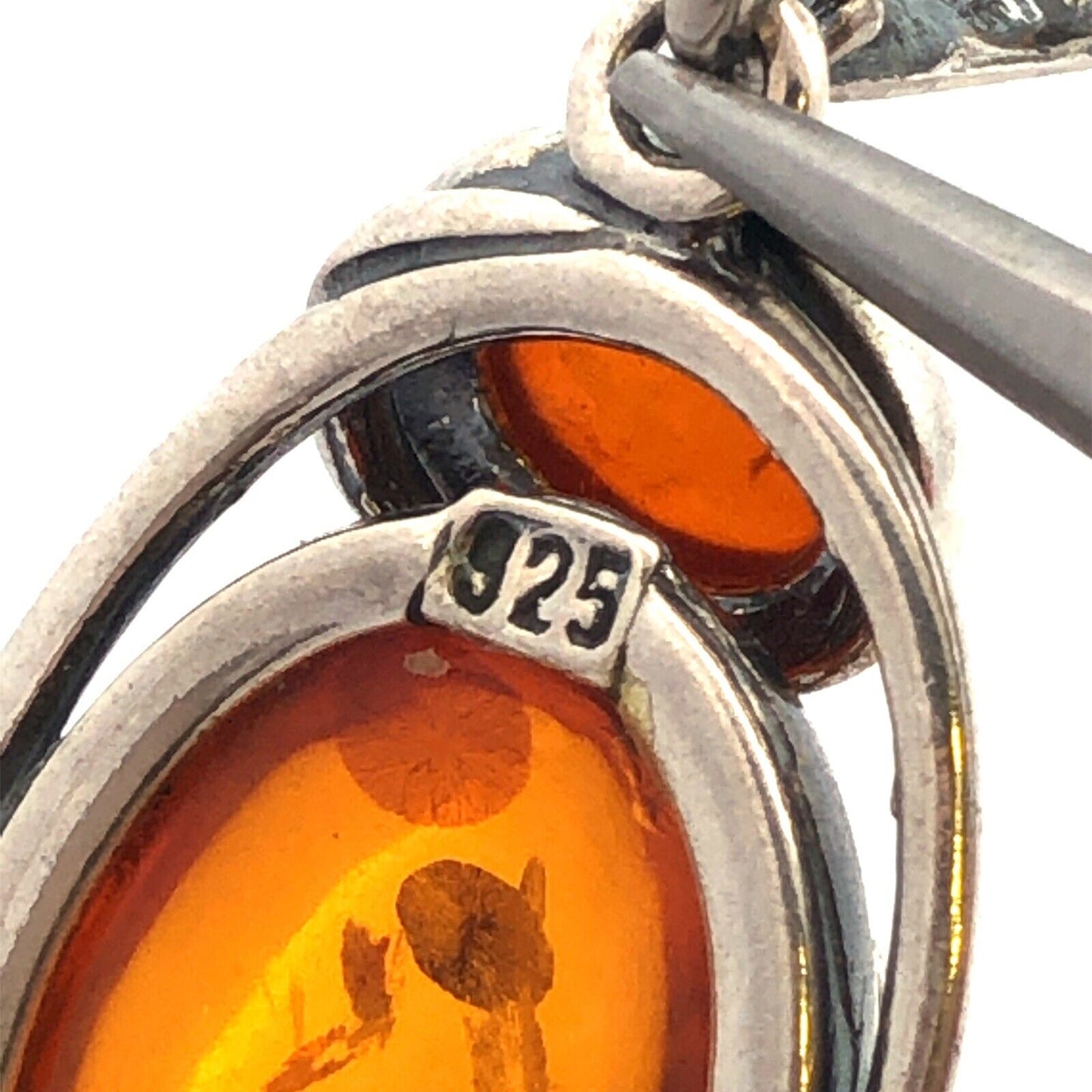 Estate Vintage 925 Sterling Silver Amber Cabochon Modernist Dangle Drop Earrings