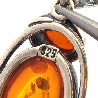 Estate Vintage 925 Sterling Silver Amber Cabochon Modernist Dangle Drop Earrings