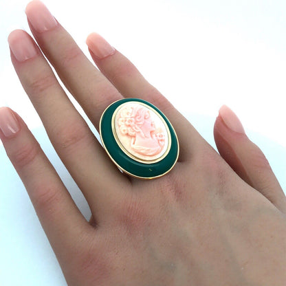 Designer Italy 14K Yellow Gold Oval Green Jade Pink Cameo Statement Ring