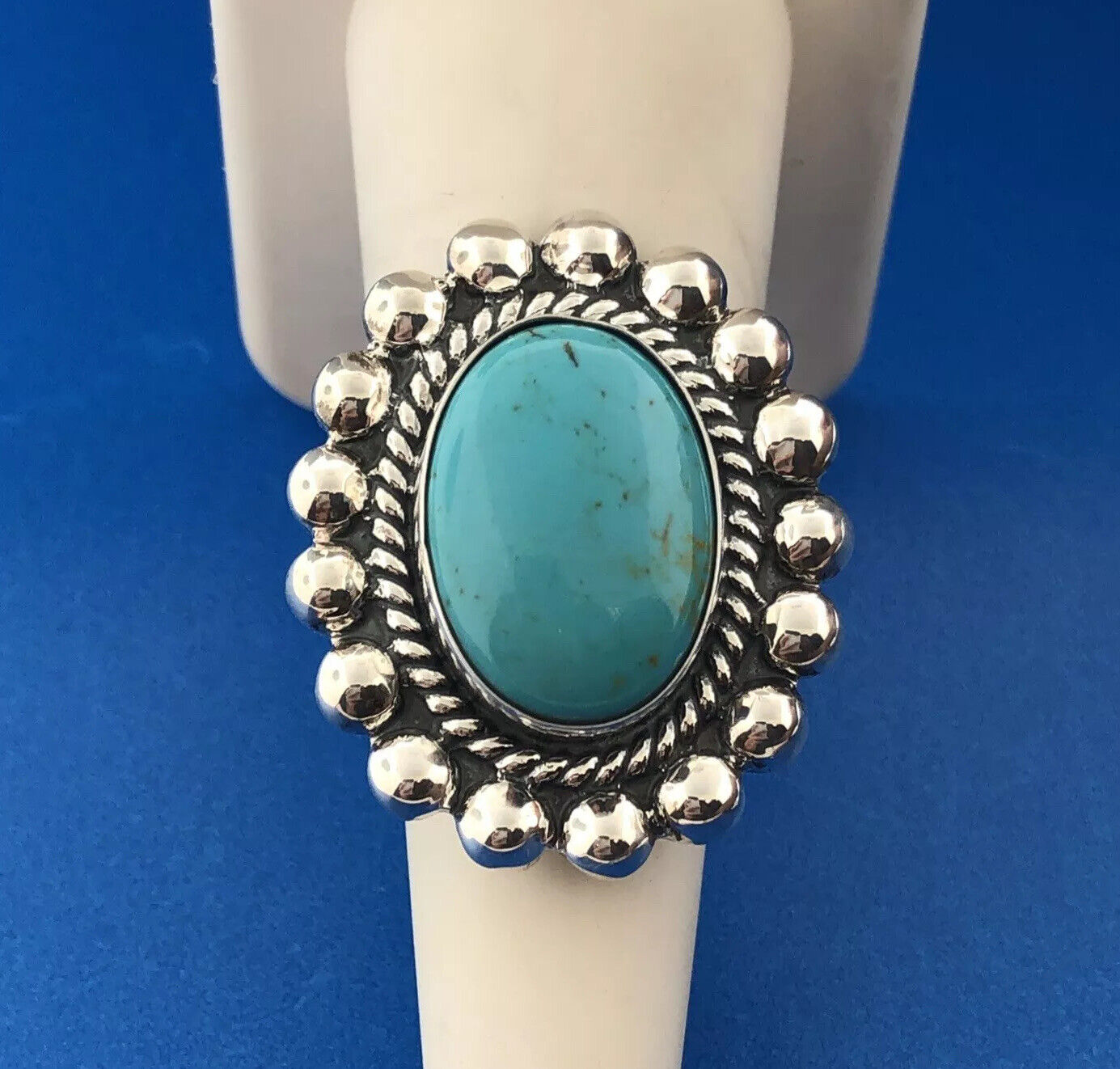 MWS Mexican Sterling Silver 925 Oval Cabochon Turquoise Statement Ring Size 6