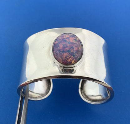Vintage 925 Sterling Silver Opal Doublet Statement Cuff Bracelet