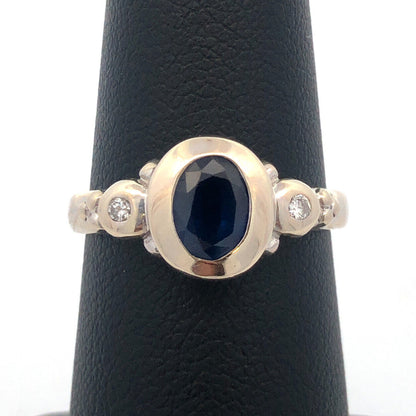 14K White Gold Oval Sapphire Solitaire Diamond Accent Modernist Anniversary Ring