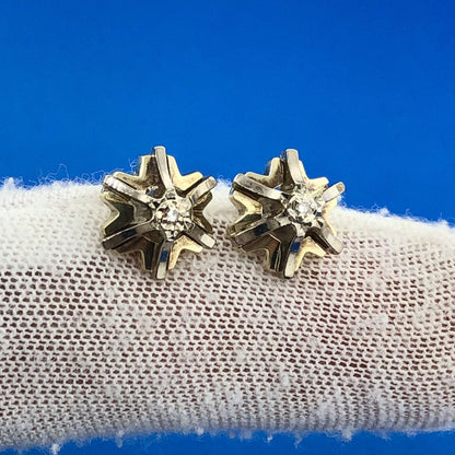 Vintage 14k Yellow White Gold Diamond 6 Point Radiant Star Comet Stud Earrings