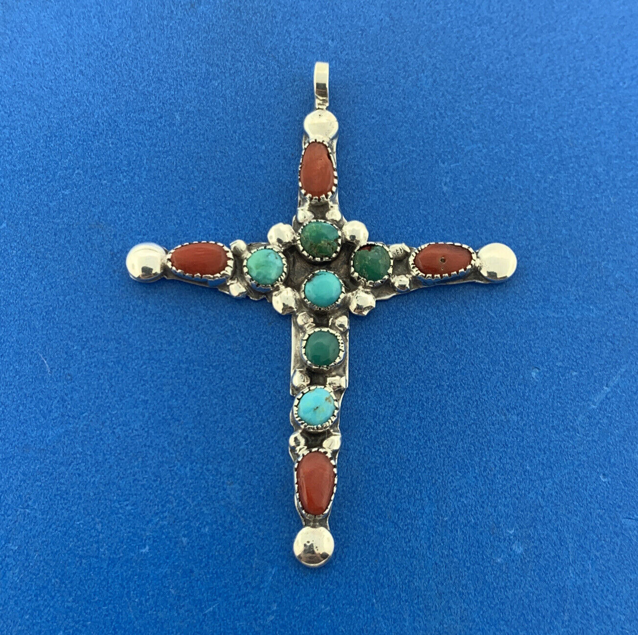 Native American Artisan Signed 925 Sterling Silver Turquoise Coral Cross Pendant