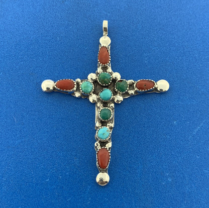Native American Artisan Signed 925 Sterling Silver Turquoise Coral Cross Pendant