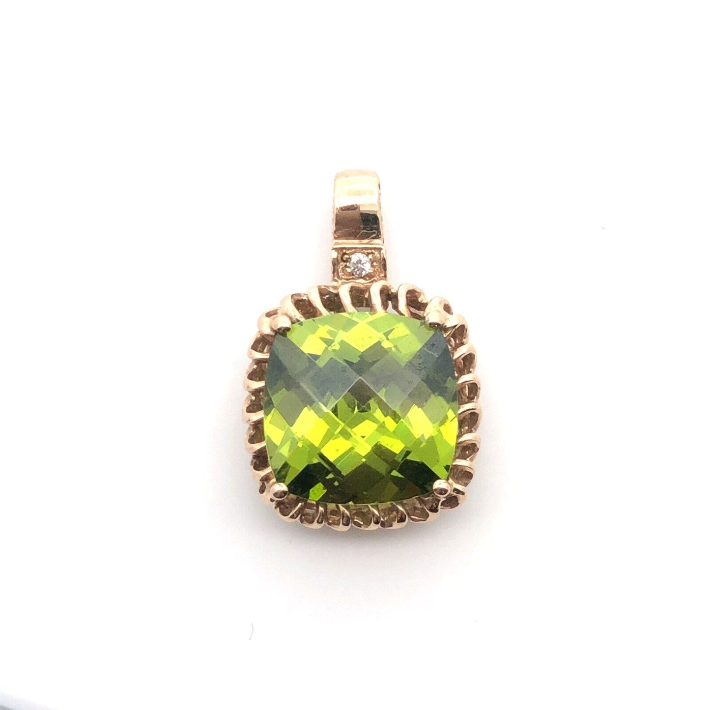 Gorgeous 14k Yellow Gold Cushion Chartreuse Green Sparkling CZ Statement Pendant