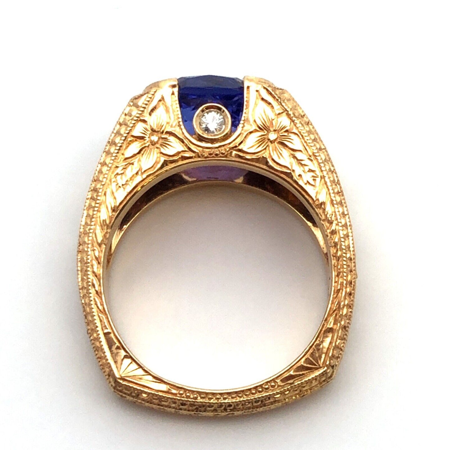 Designer 14K Yellow Gold Round Amethyst Diamond Floral Vintage Filigree Ring