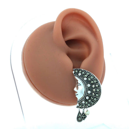 Designer A 925 Sterling Silver Marcasite Pearl Man In Moon Dangle Stud Earrings