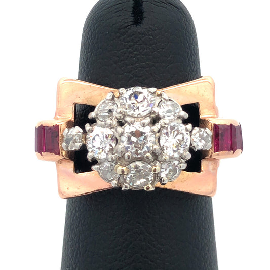 Unusual 14K Rose Gold Diamond Floral Cluster Ruby Baguette Accent Cocktail Ring
