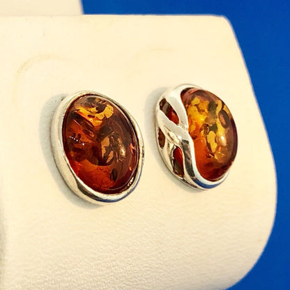 Retro 925 Sterling Silver Oval Baltic Amber Stud Earrings