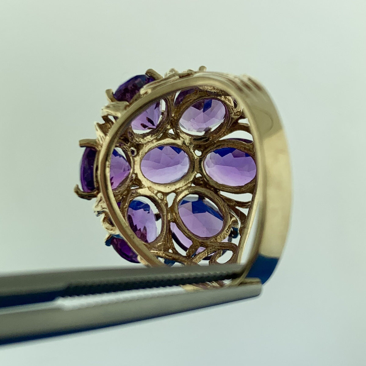 Gorgeous 10k Yellow Gold Oval Cut Amethyst Cluster Openwork Dome Ring Size 7.75