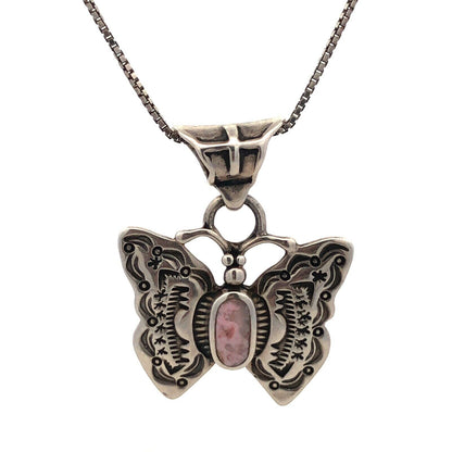 Native American 925 Sterling Silver Pink Agate Storyteller Butterfly Necklace