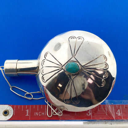 Native American 925 Sterling Silver Turquoise Hand Stamped Tobacco Flask Canteen