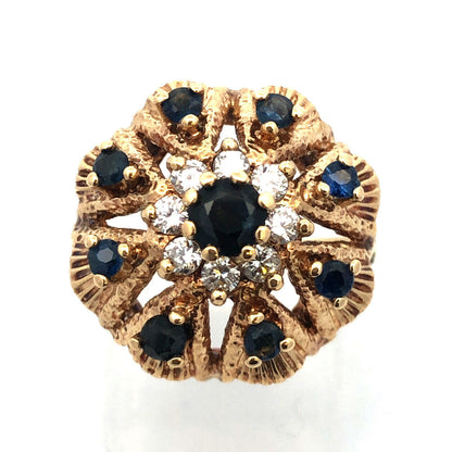 Retro 14K Yellow Gold Sapphire Diamond September Anniversary Princess Harem Ring