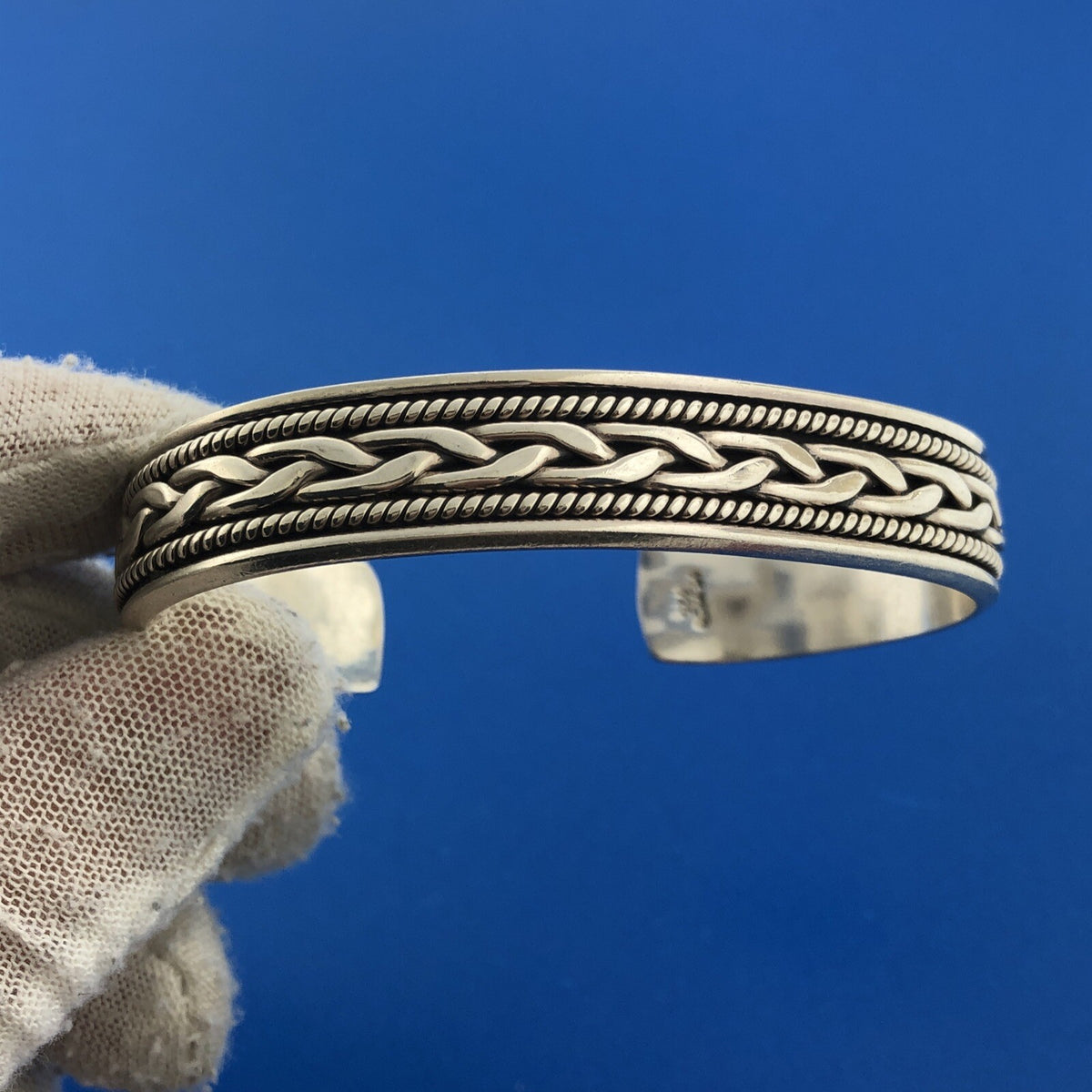 Mexico Sterling Silver 925 Needlepoint Basket Weave Design Cuff Bracelet