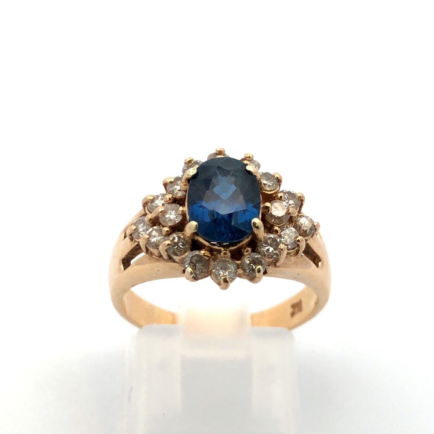 Vintage 14K Yellow Gold Oval Blue Sapphire Round Diamond Halo Anniversary Ring