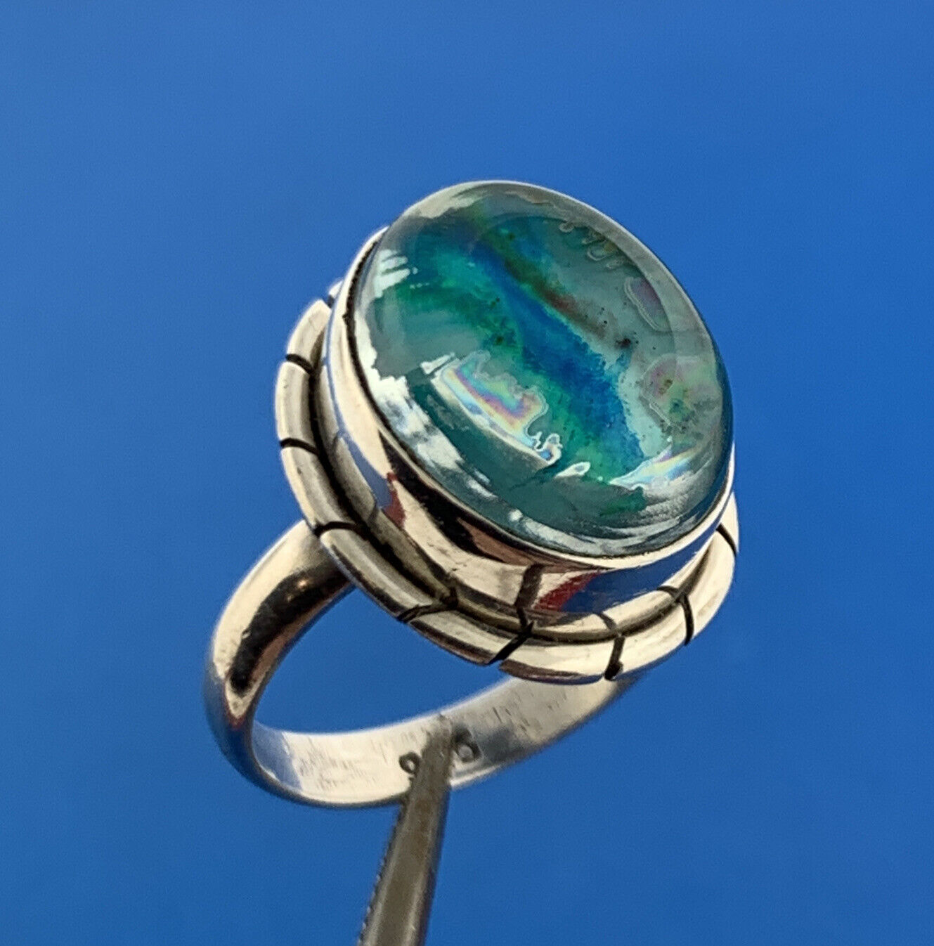 Stunning Sterling Silver 925 Cabochon Blue Green Glass Statement Ring Size 6.25