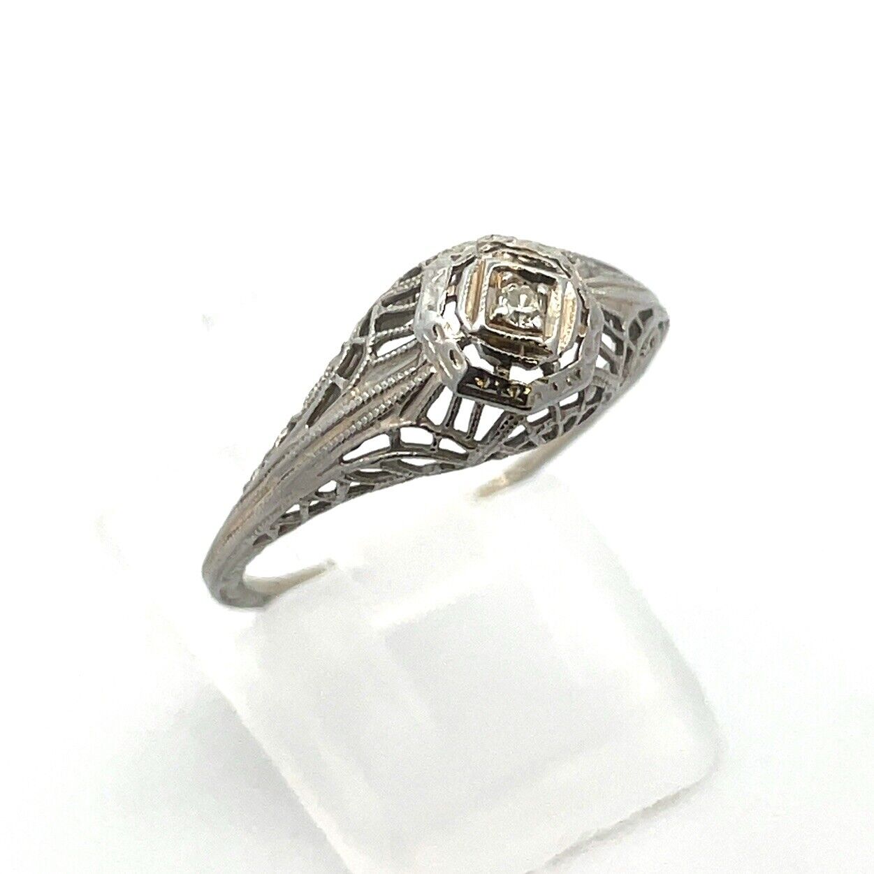 Vintage Designer Art Deco 18K White Gold Diamond Filigree Engagement Ring