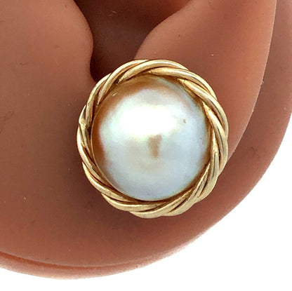 Estate 14K Yellow Gold Round Mabe Pearl Bird's Nest Statement Stud Earrings