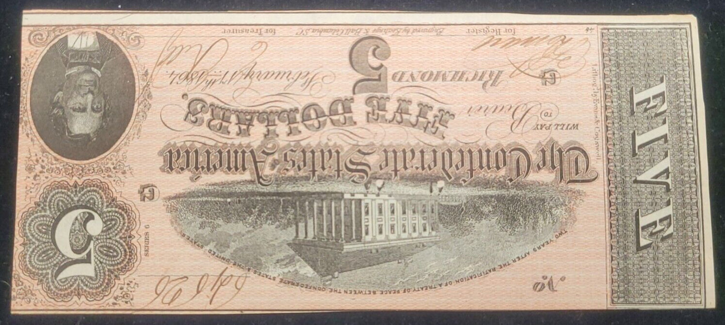 1864 $5 Richmond, VA Confederate States of America Rare Obsolete Bank Note