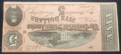 1864 $5 Richmond, VA Confederate States of America Rare Obsolete Bank Note