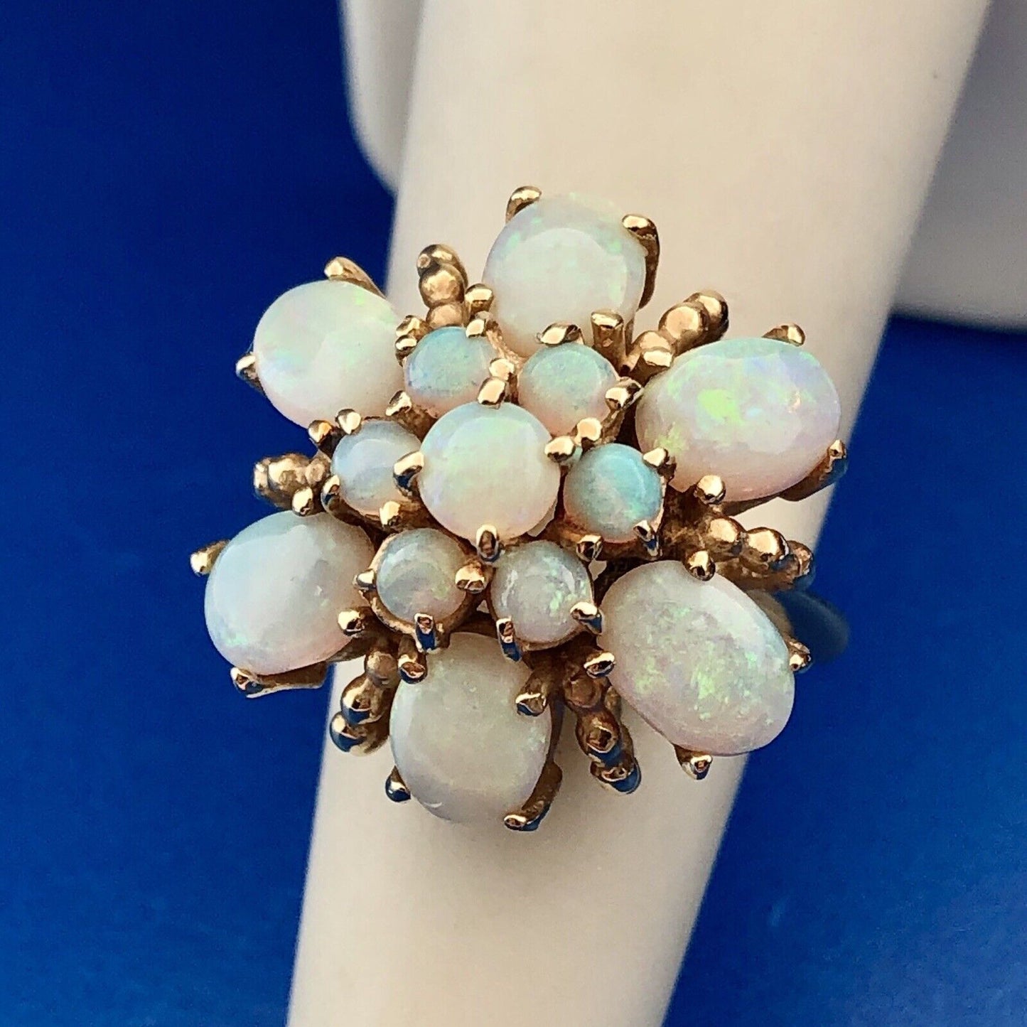 Stunning Vintage 14K Yellow Gold Opal Flower Cluster October Cocktail Ring