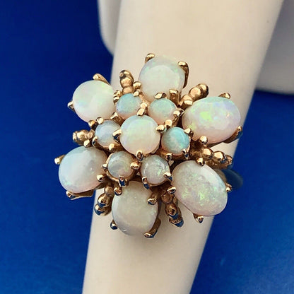 Stunning Vintage 14K Yellow Gold Opal Flower Cluster October Cocktail Ring