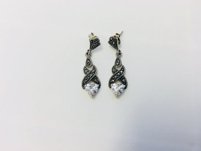 Sterling Silver 925 Marcasite Twist CZ Heart Drop Dangle Earrings