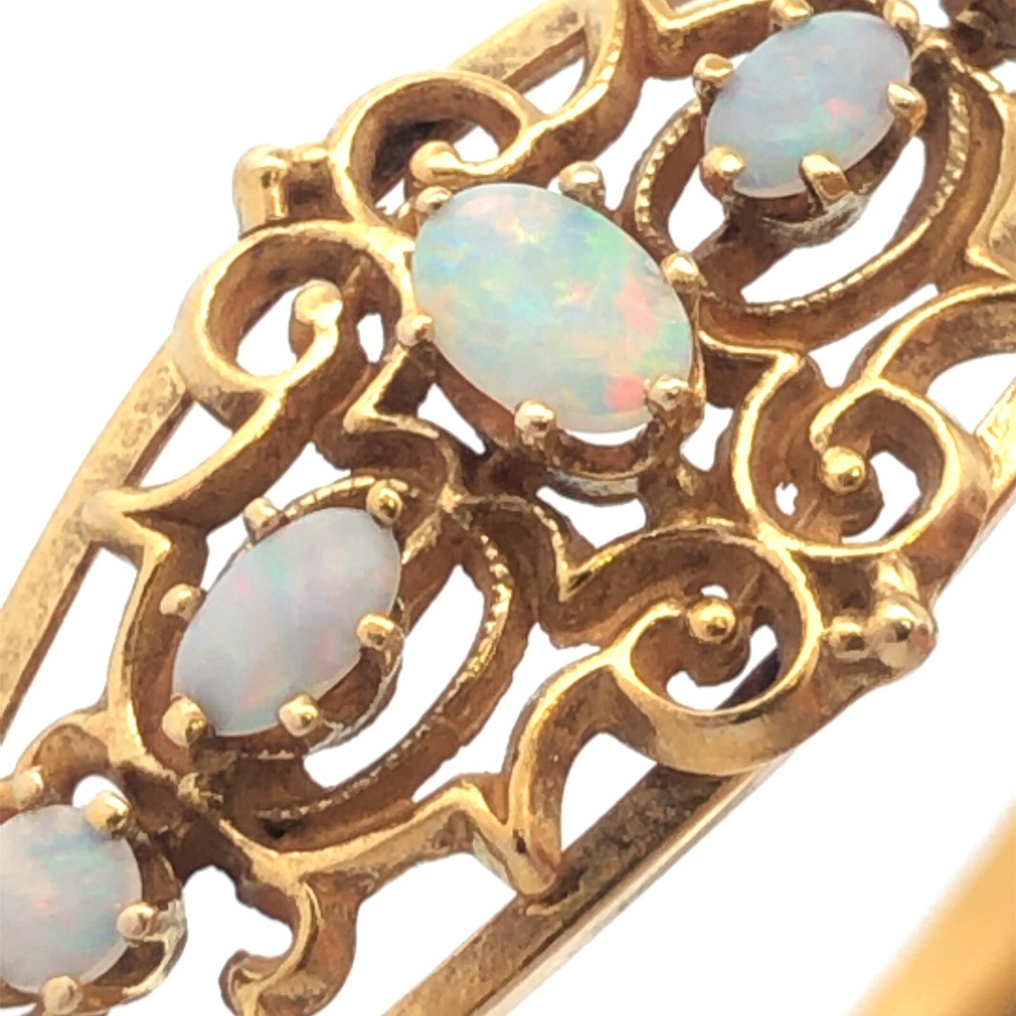 Art Deco 14K Yellow Gold Ornate Opal Scroll Decorative Scroll Bangle Bracelet
