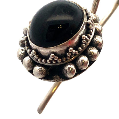 Vintage 925 Sterling Silver Oval Black Onyx Beaded Detail Dangle Hook Earrings