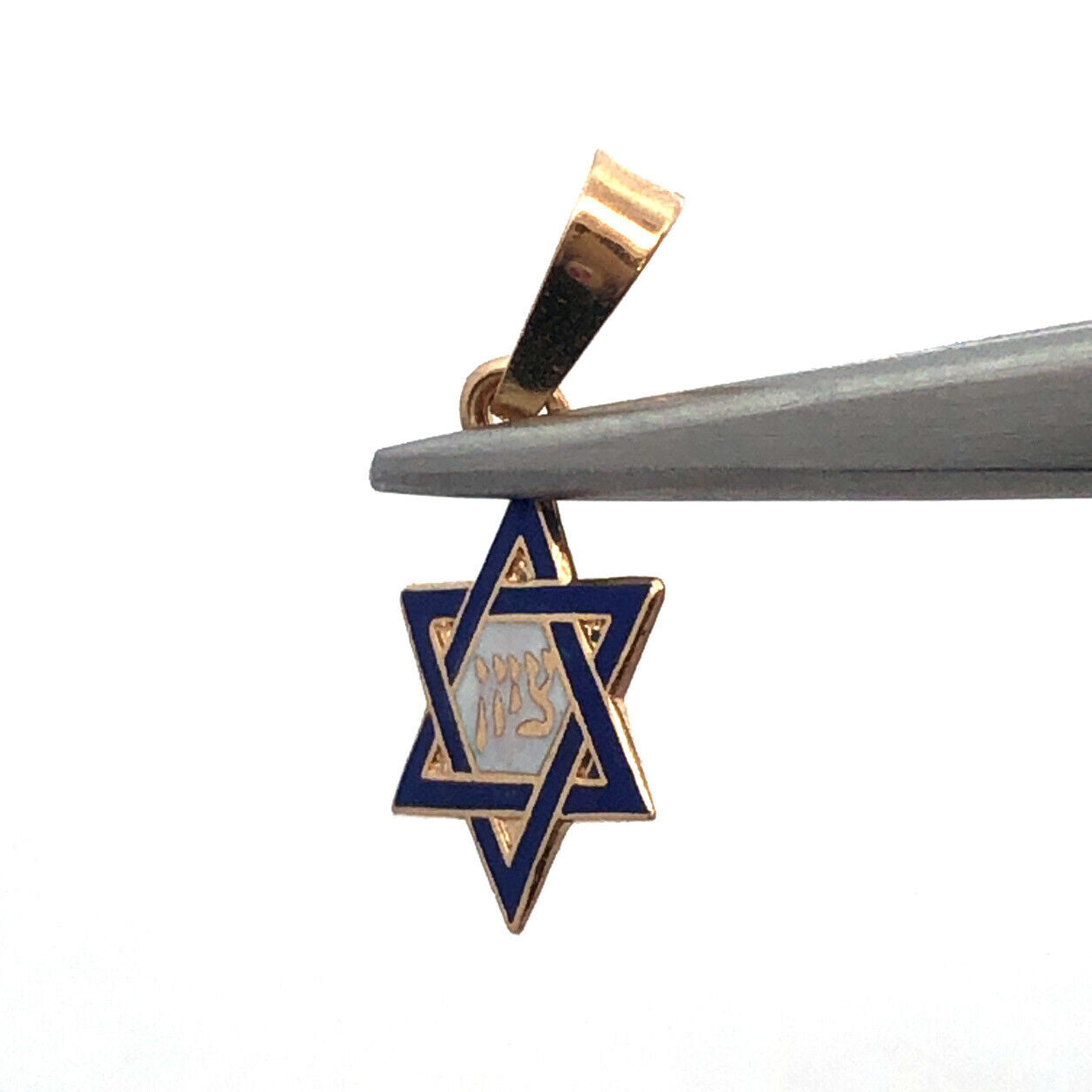 Designer 14K Yellow Gold Blue White Enamel 6-Point Star of David Hebrew Pendant