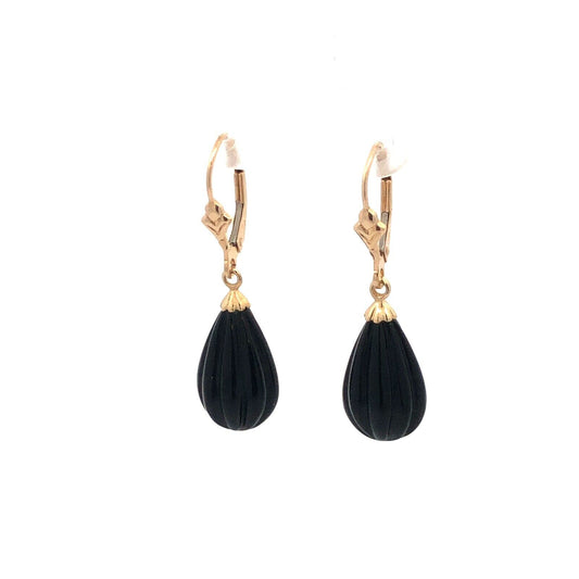 Designer 14K Yellow Gold Ribbed Onyx Pear Drop Dangle Leverback Earrings