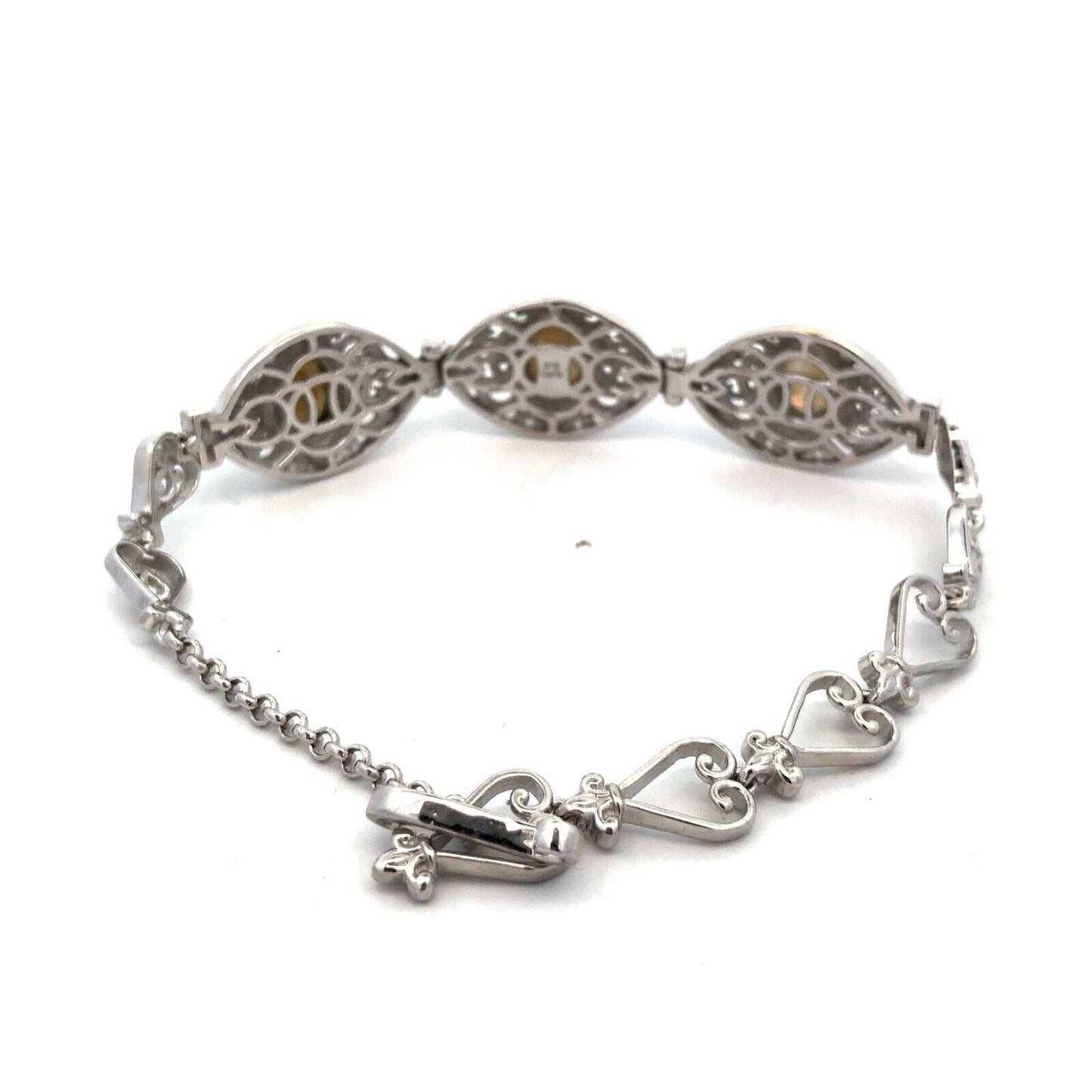 Designer STS Karis Silver Plate Oval Labradorite Open Work Scroll Heart Bracelet