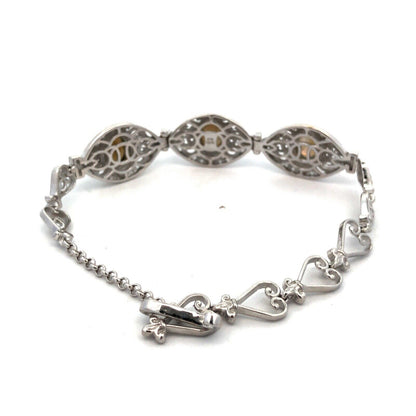 Designer STS Karis Silver Plate Oval Labradorite Open Work Scroll Heart Bracelet