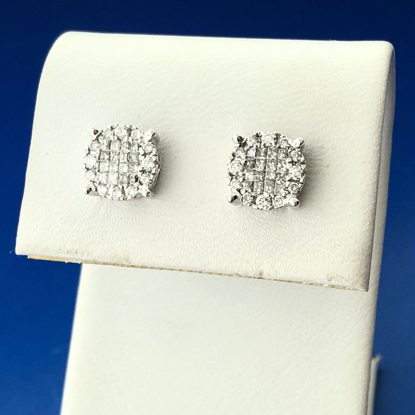 Classic 14K White Gold Princess Round Diamond Circle Cluster Stud Earrings