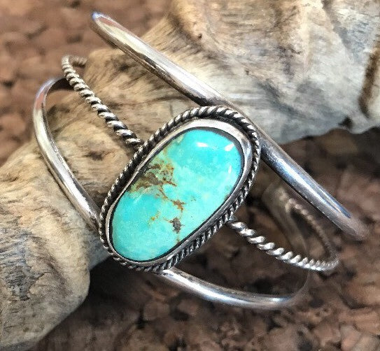 Native American Sterling Silver Oval Green Royston Turquoise Split Cuff Bracelet