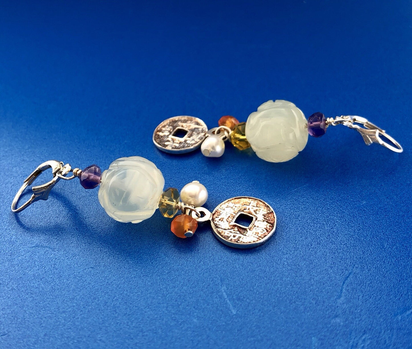 Designer Sterling Silver 925 Amethyst Citrine Pearl Art Glass Dangle Earrings