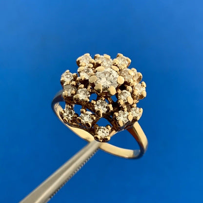 Vintage 14K Yellow Gold Diamond Cluster Tiered Dome Cocktail Ring