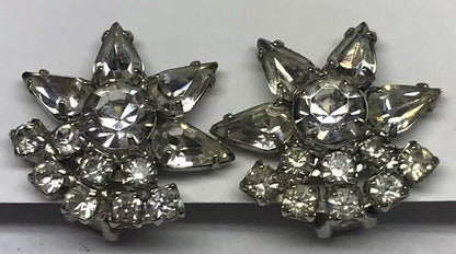 Vintage Art Deco Crystal Rhinestone Flower Cluster Bridal Cocktail Clip Earrings