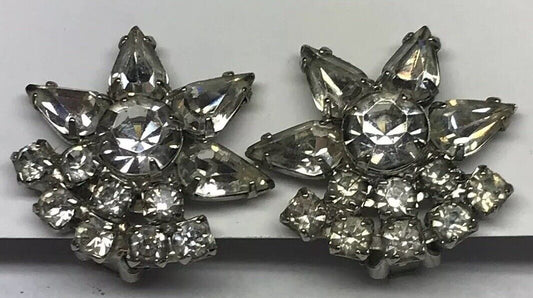 Vintage Art Deco Crystal Rhinestone Flower Cluster Bridal Cocktail Clip Earrings