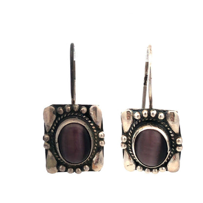 Designer Sterling Silver Oval Purple Cat Eye Cabochon Rectangle Hook Earrings