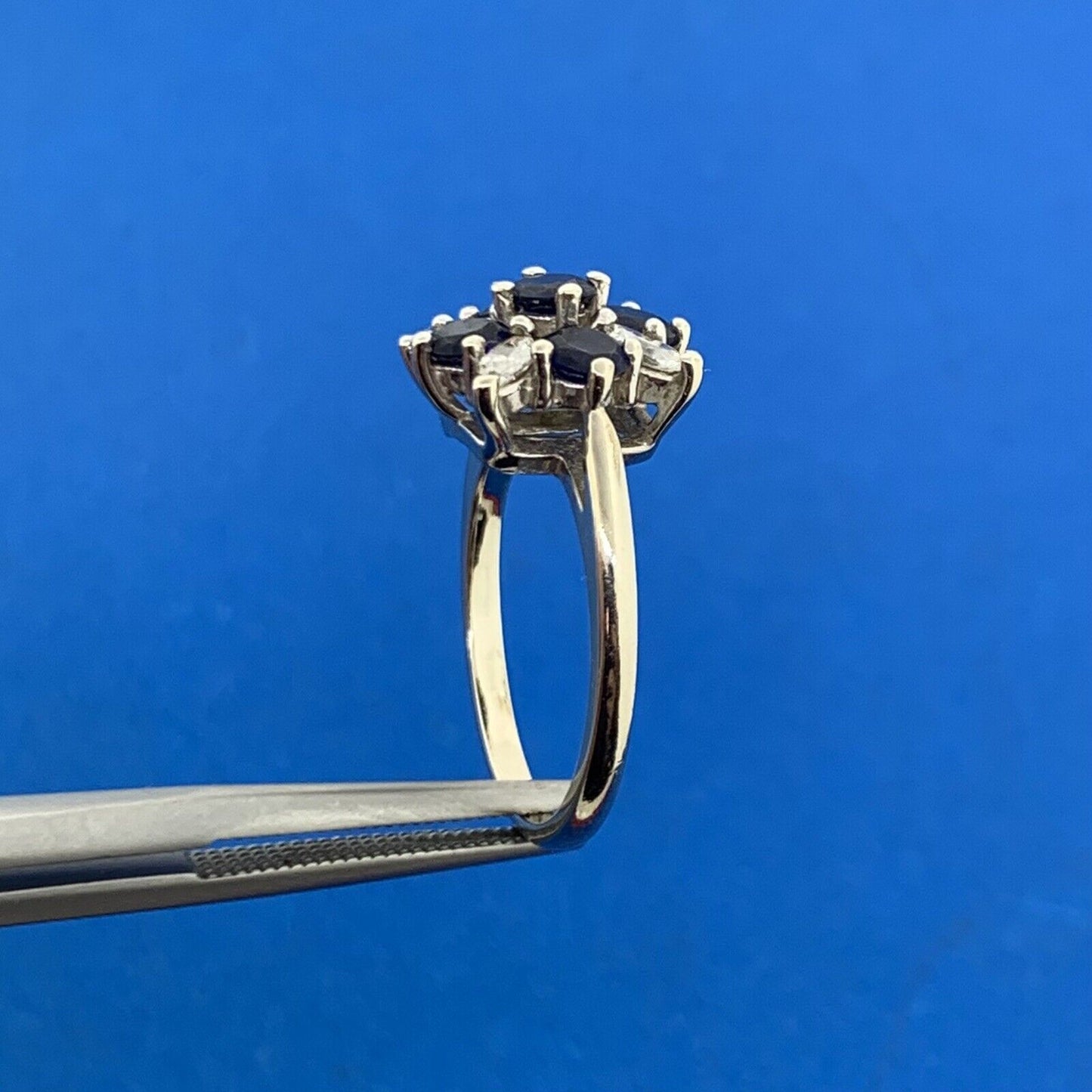 Designer 14K White Gold Sapphire Diamond Floral Cluster Cocktail Ring