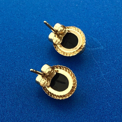 Retro 14K Yellow White Gold Oval Tiger Eye Cabochon Diamond Accent Stud Earrings