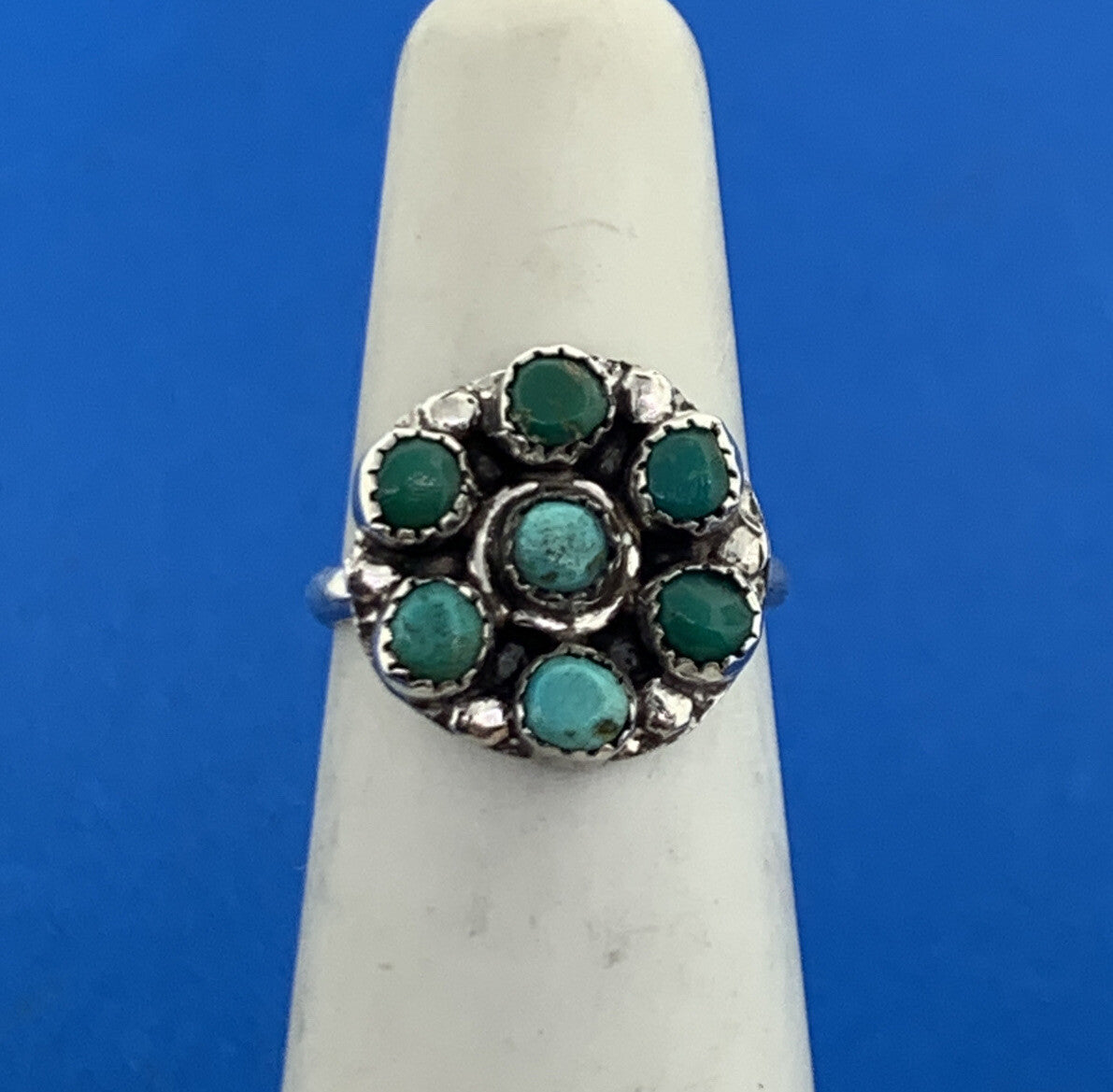 Stunning Sterling Silver 925 7 Green Turquoise Stone Circle Cluster Ring Size 4