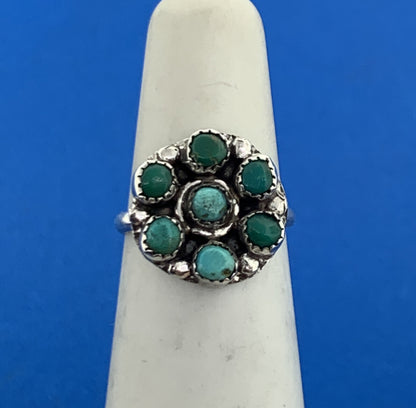 Stunning Sterling Silver 925 7 Green Turquoise Stone Circle Cluster Ring Size 4