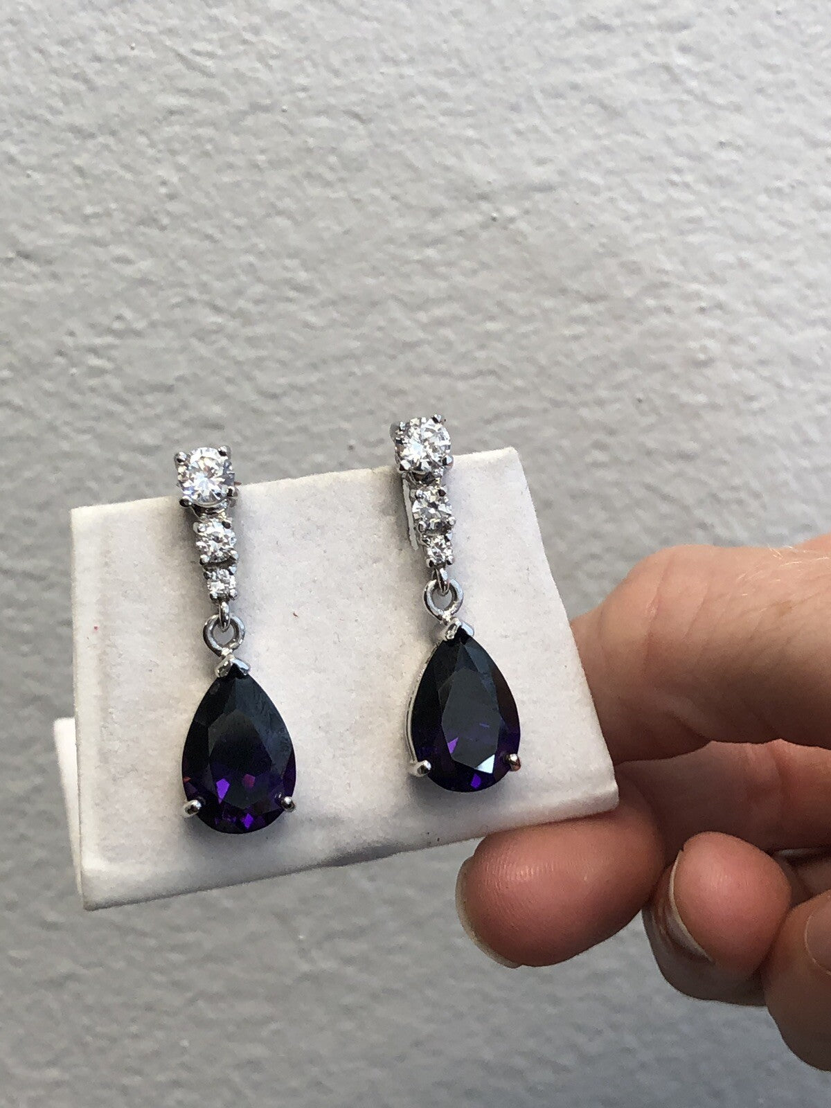 Designer Sterling Silver 925 Purple White Cubic Zirconia Statement Drop Earrings